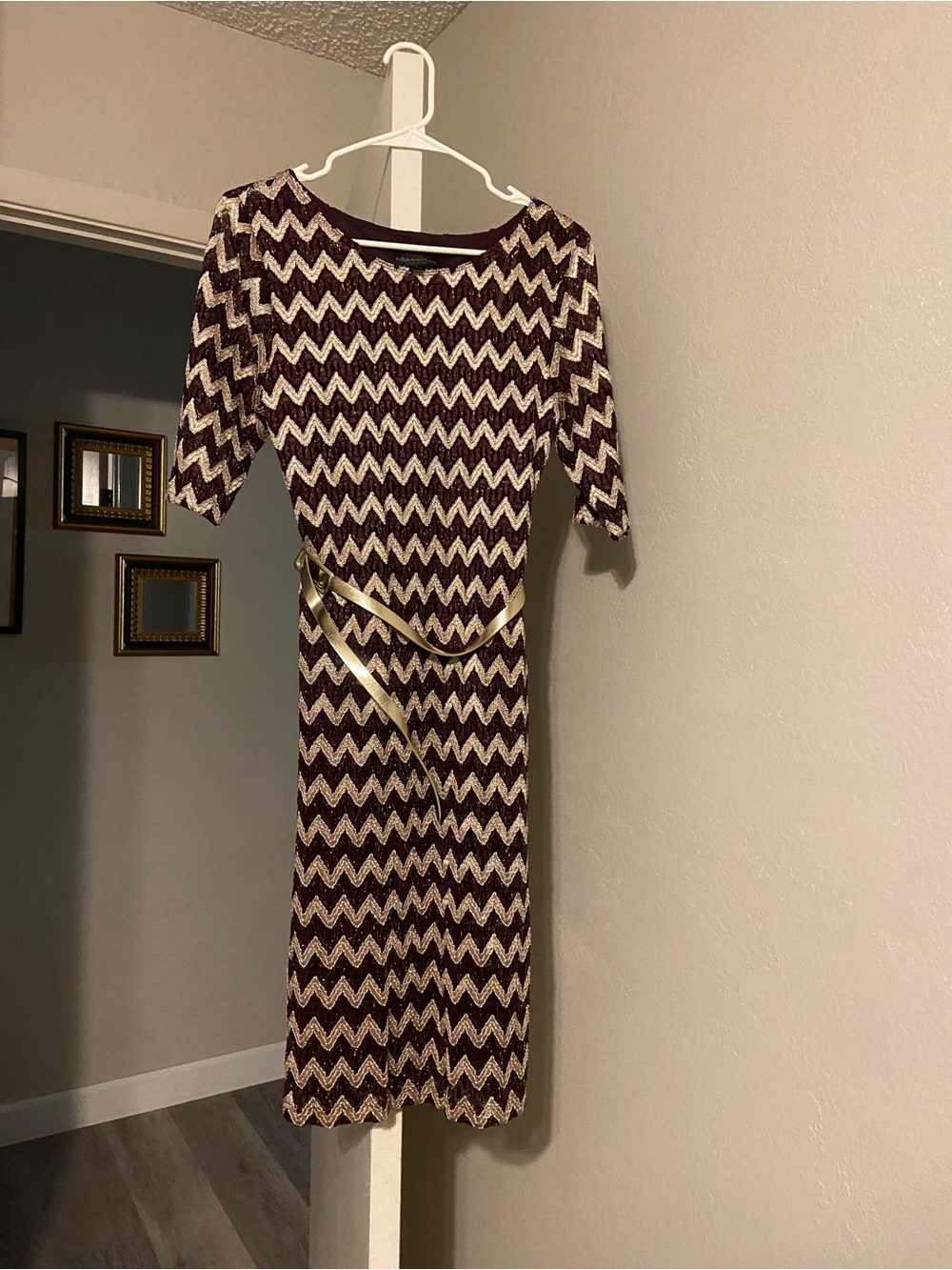 connected apparel Burgundy and Cream Chevron Midi Dress